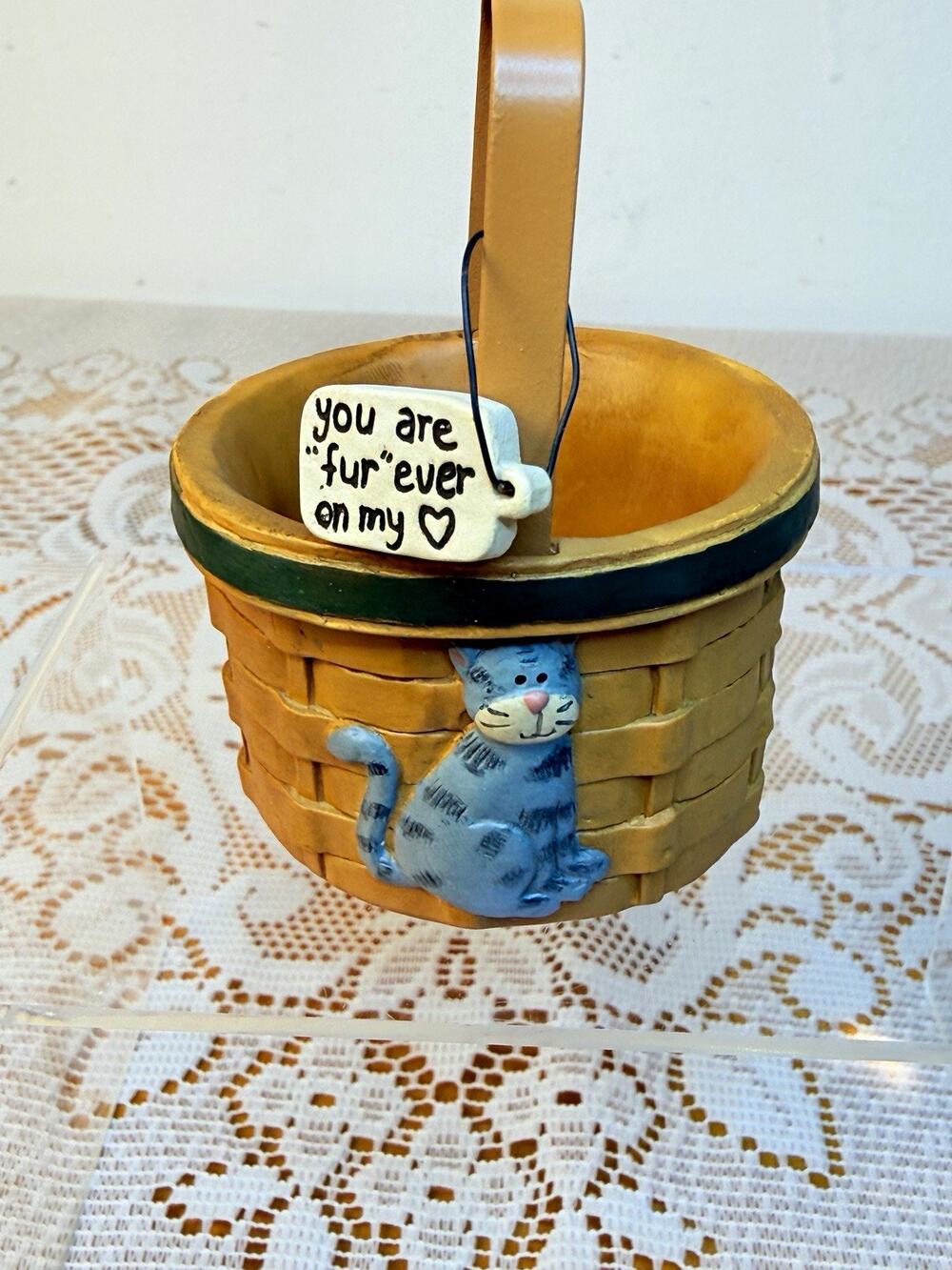 Blossom Bucket Miniature Small Woven Wood Round Basket w/ Handle Cat Tag